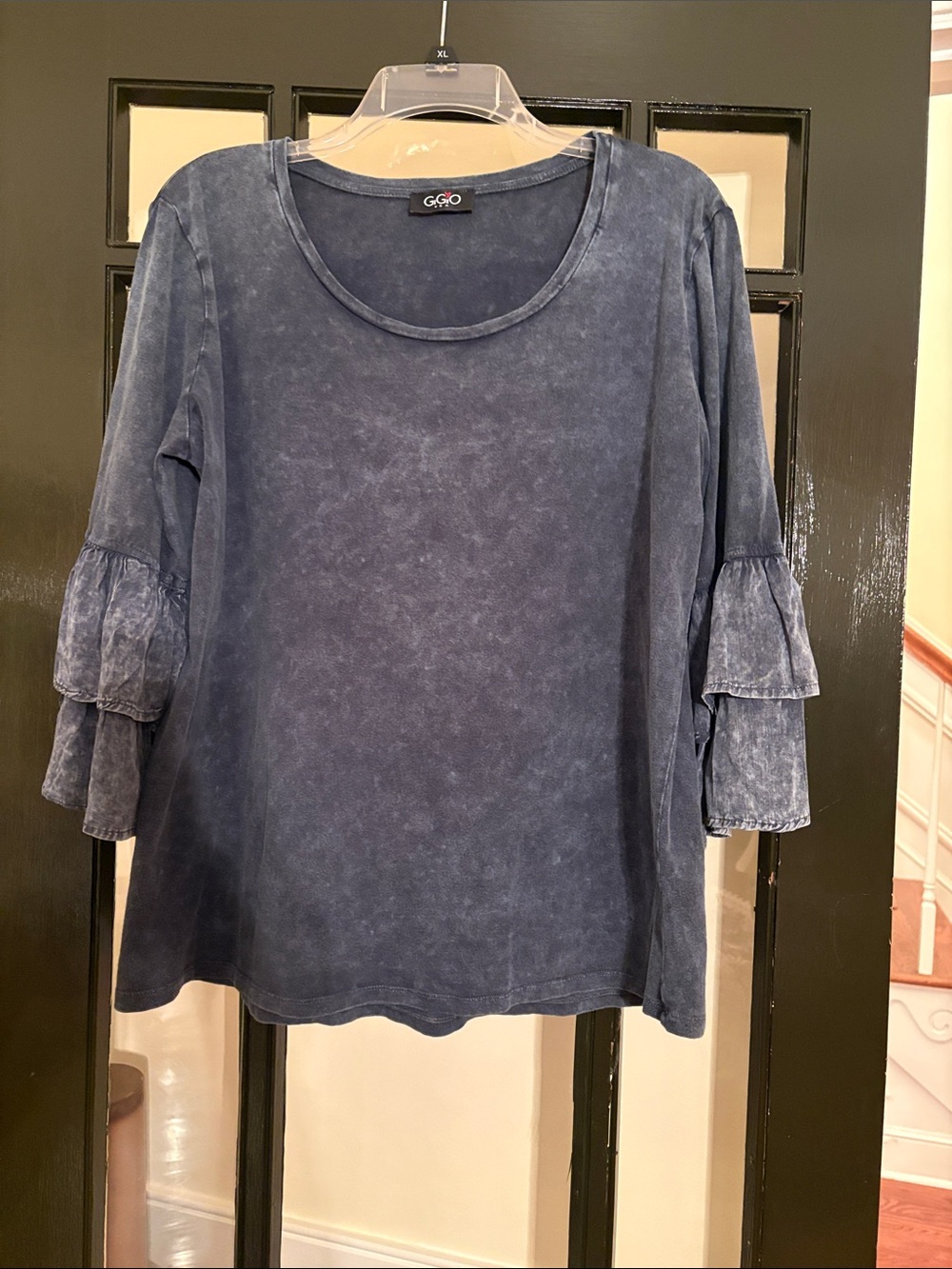 GGO Washed Indigo Ruffle-Sleeve Long Sleeve Tee
